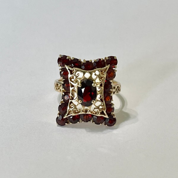 Genuine Garnet Ring -14K Yellow Gold 5.48 ctw Multi Garnet Filigree Shield Ring- 60's Era - Sz 7 1/4 January Birthstone Statement Ring