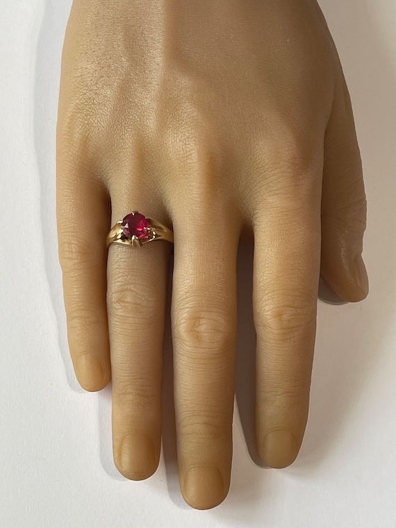 Edwardian Created Ruby Ring: 10k Yellow Gold Soli… - image 2