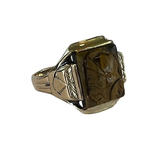 Tigers Eye Roman Warrior Ring: 10k Yellow Gold Carved Gem, 1930s Jewelry, Size 11.5