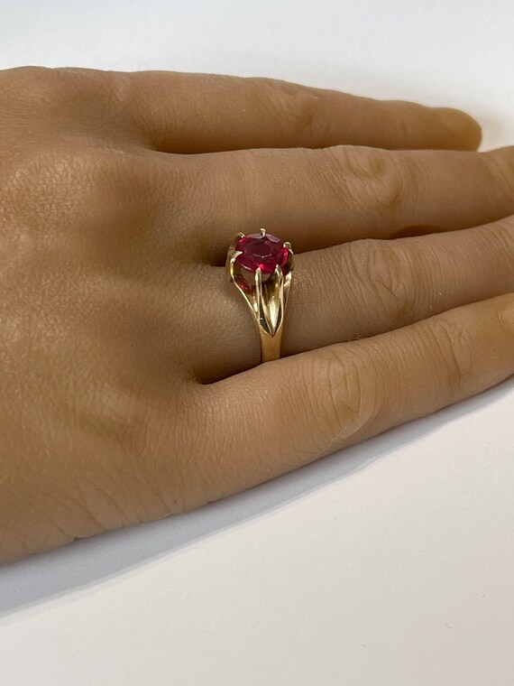 Edwardian Created Ruby Ring: 10k Yellow Gold Soli… - image 4