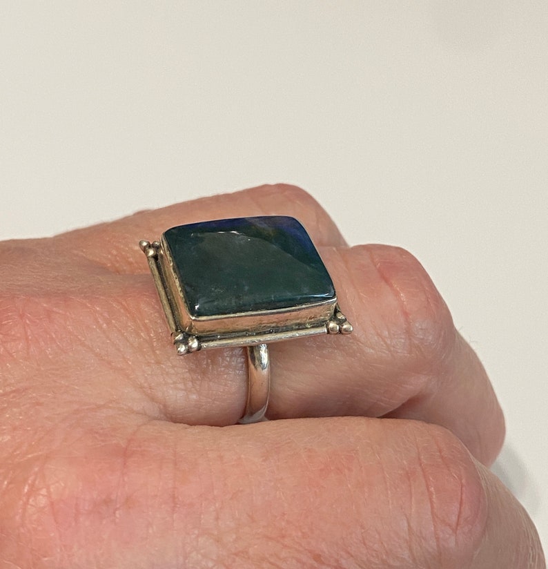 Large Sz 9 Moss Agate .925 Sterling Silver Ring Vintage Moss Agate Statement Ring,Bohemian Jewelry