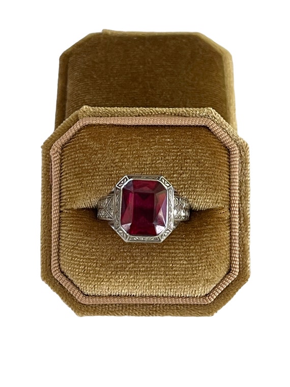 Created Ruby Ring-Art Deco Era 14k White Gold 6 ct