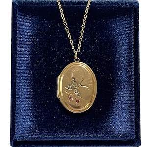 Könnte beinhalten: Eine goldene Halskette mit einem Anhänger. Die Kette ist filigran. Der Anhänger ist oval und zeigt eine detaillierte Gravur eines Vogels mit einem Diamantenmuster. Zwei kleine rote Edelsteine sind auf den Flügeln des Vogels zu sehen.