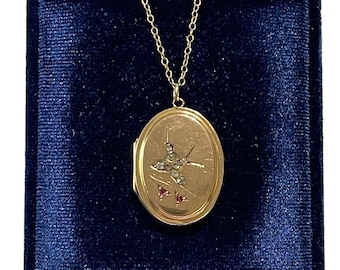 Antieke art nouveau gold filled medaillonketting: duif, strassteentjes, robijnen