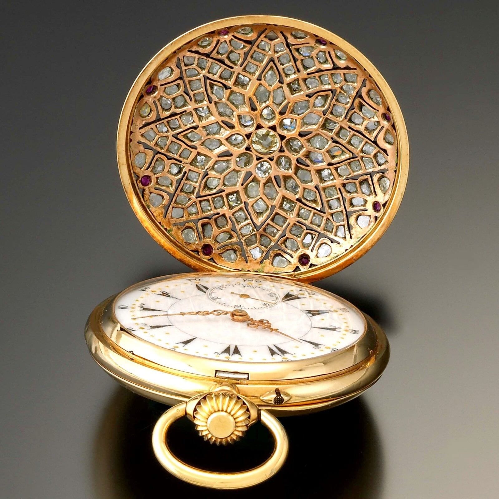Victorian 14K Gold Pocket Watch: Rose Cut Diamonds & Rubies  display picture 1