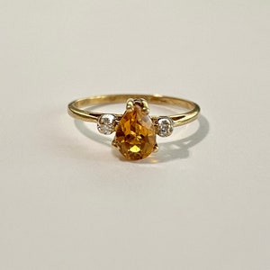 Citrine & Diamond  Ring -10k Yellow Gold Pear Shaped Orange Gem - Size 7 1/2 November Birthstone Solitaire 70s Fine Jewelry