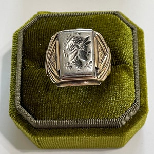 Art Deco 10k Gold Hematite Intaglio Ring: Roman Soldier Carving, Size 8 3/4