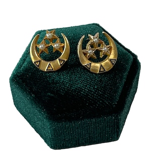 Tri Delta sorority pins that have been converted into Earrings-10k Yellow Gold- Circa 1940s Era Crescent Moon Stars Seed Pearls Jewelry