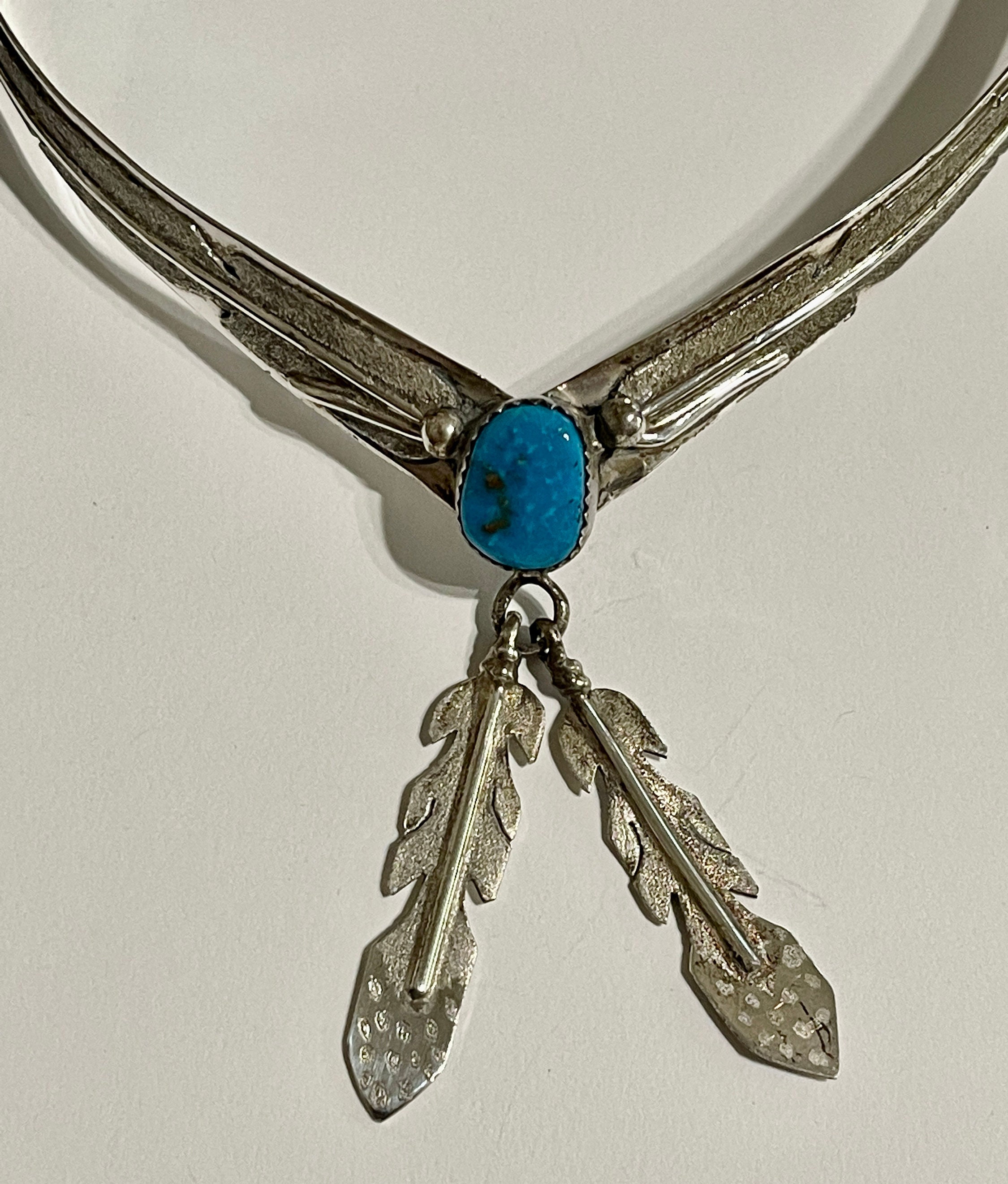 Native American Turquoise Feather Choker Necklace- Signed