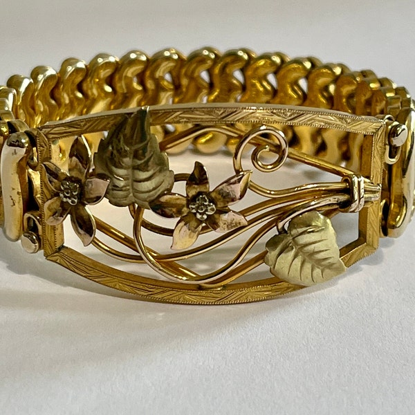 Vintage Expansion Bracelet - Retro 12k Yellow & Rose Gold Filled Flower "Victoria" Stretch Repousse - Circa 1940s WWII Era Jewelry