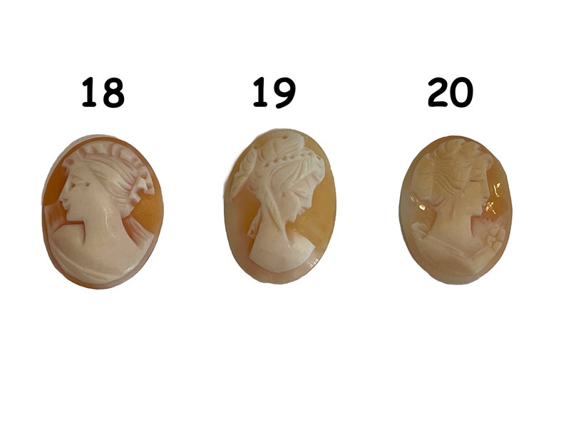May include: Three oval-shaped cameo pendants with a carved design of a woman's profile. The cameos are made of a light brown shell material with a white carving. The cameos are numbered 18, 19, and 20.