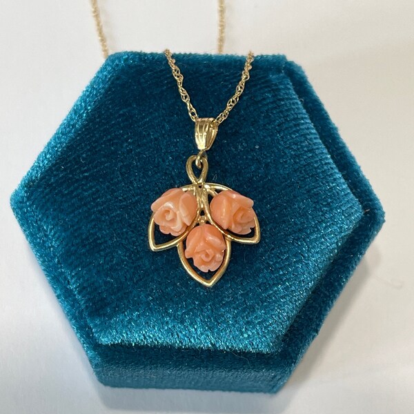 Genuine Carved Coral Triple Rose Pendant - Vintage 14k Yellow Gold Coral Pendant Necklace