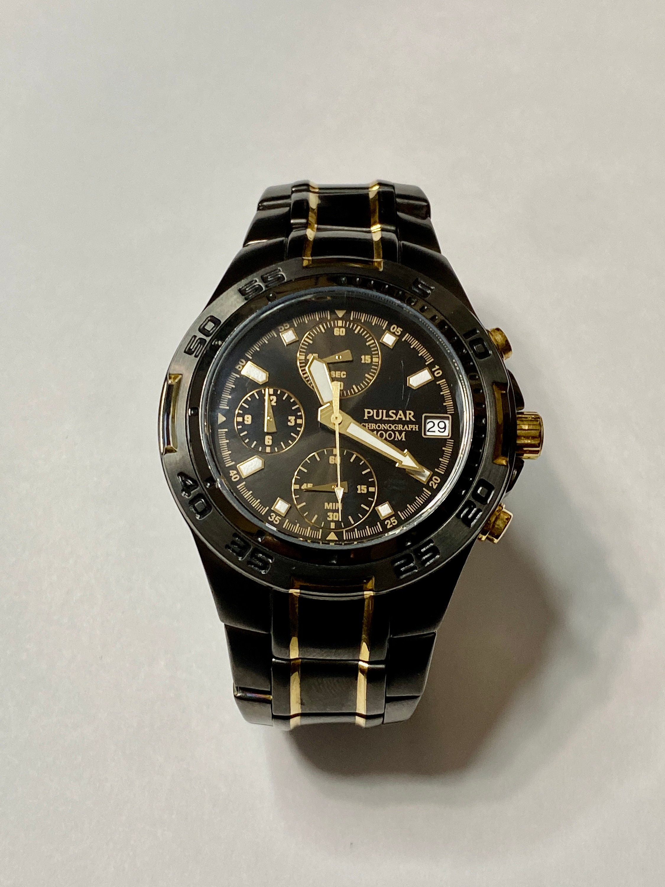 Pulsar Chronograph 100M Black Dial Gun Metal & Gold Bracelet - Etsy