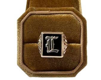 Vintage Onyx Initial Ring: 10k Yellow Gold Letter "L" Signet (Size 10 1/2)