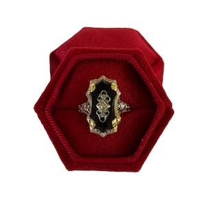 Anello Art Déco con onice nero e diamanti: gioiello in filigrana d'oro 14k, misura 7,5