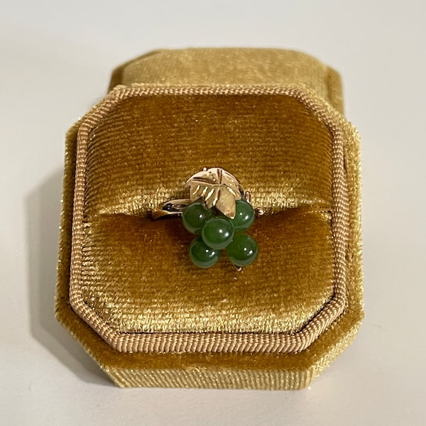 Genuine Green Jade Nephrite Grape Design Cluster Ring -14k yellow gold  "Good Luck" 1960's era Fine Jewelry sz 5.5