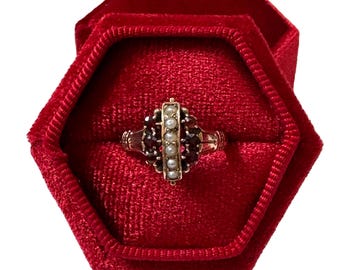 Victorian Garnet & Seed Pearl Ring: 14k Rose Gold, Size 6.5