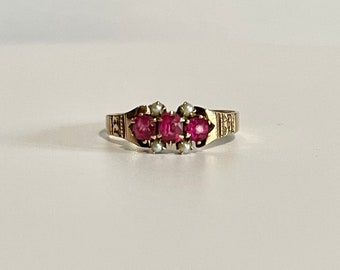 Victorian 10k Rose Gold Ring: Simulated Ruby & Seed Pearl, Size 8.5