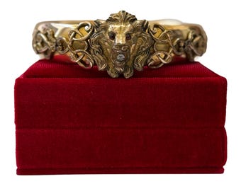 Victoriaanse leeuwenkop armband: antiek goud 14k gevulde gesimuleerde robijnrode diamanten armband