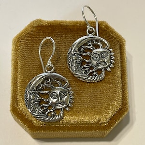 Sterling Silver Celestial Earrings: Detailed Moon, Sun & Stars Dangle