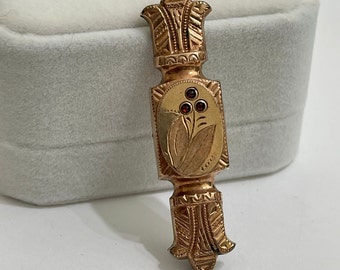 Victorian Rolled Rose Gold Bar Brooch: Antique Garnet Flower Pendant