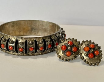 Tibetan Coral Jewelry Set: Etruscan Style Bracelet and Earrings