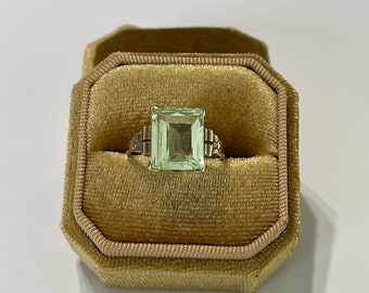 Created Spinel Ring - Vintage 10k Yellow Gold Emerald Cut Light Green- 6 Carat Statement - Size 8 1/4 Retro Era 1940s Fine Jewelry
