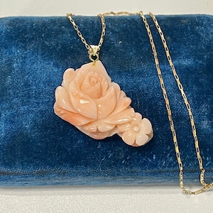 Large Angel Skin Coral Flower Pendant Necklace- 14K Yellow Gold Carved Coral Flower Pendant- Fine Organic Jewelry