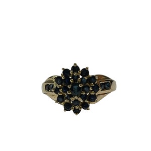 Genuine Sapphire Cocktail Ring - Mid Century 14k Yellow Gold Multi Stone .93 CTW Blue Gem Ring - Size 8 1/2 September Birthstone Jewelry