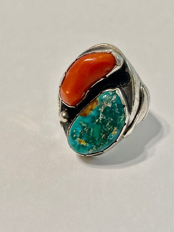 Quality Vintage Navajo Native American Jewelry jewelry Solid 14k Gold Coral Turquoise Ring Old Quality Vintage Navajo Native American Jewelry jewelry Solid 14k Gold Coral Turquoise Ring Old