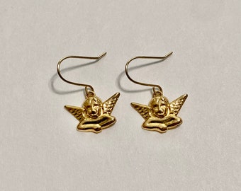 Angel Cherub Drop Earrings-Vintage 14k Yellow Gold
