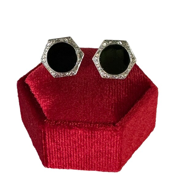 Art Deco Onyx Earrings: Platinum & 14k Gold Cuffl… - image 1