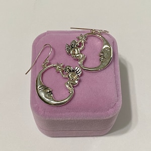 Angel Moon Star Drop Earrings Angel Cherub Sitting on the Moon reaching for a Star Dangle Earrings -Solid Sterling Silver