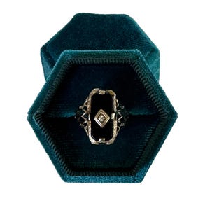 Antique Ostby Barton Maltese Cross Onyx Diamond 14K White Gold Ring - Size 6.5