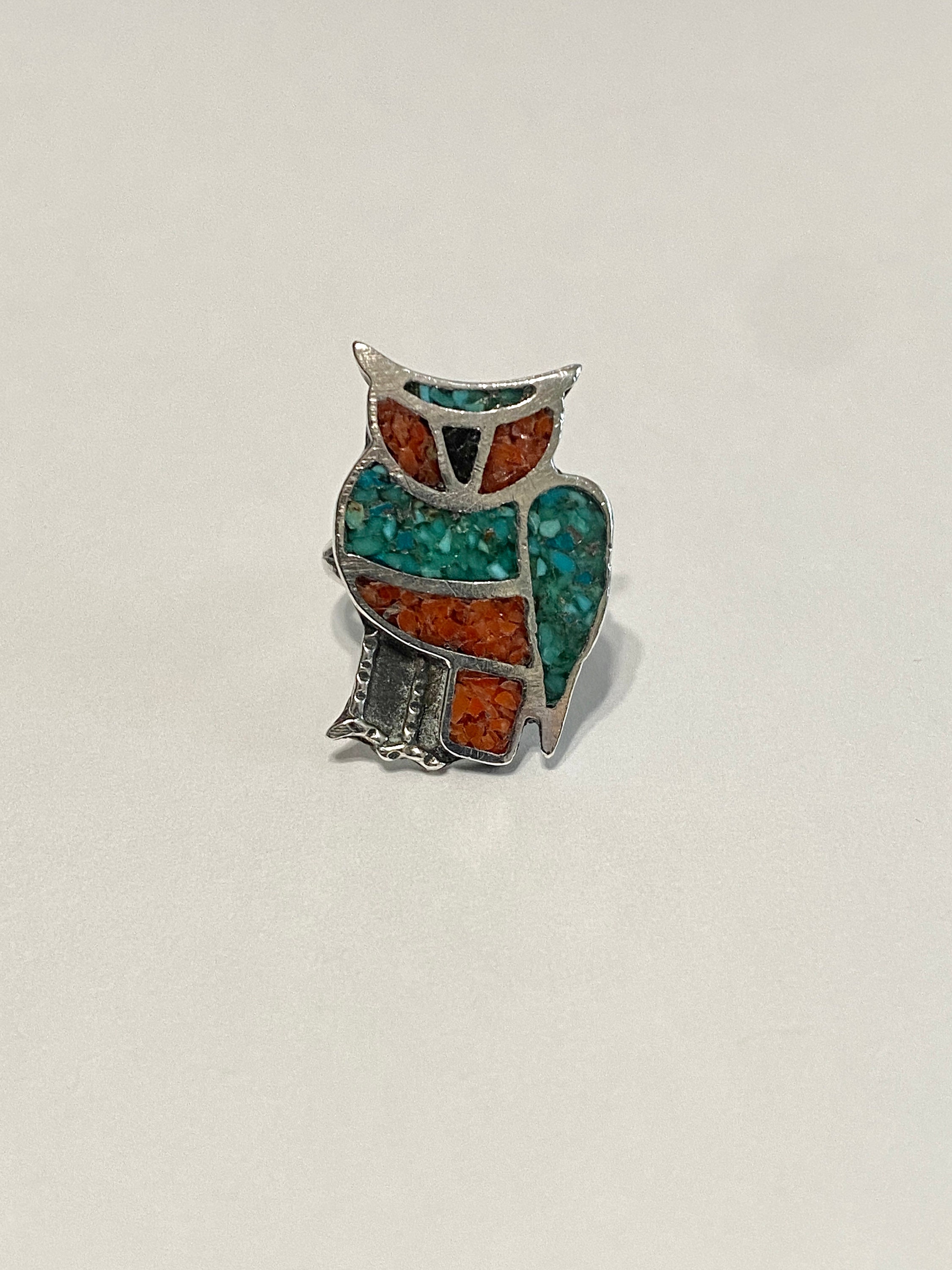 Owl Turquoise and Coral inlay Ring - Sterling Silver Native American Ring- 1960s Turquoise & Cor