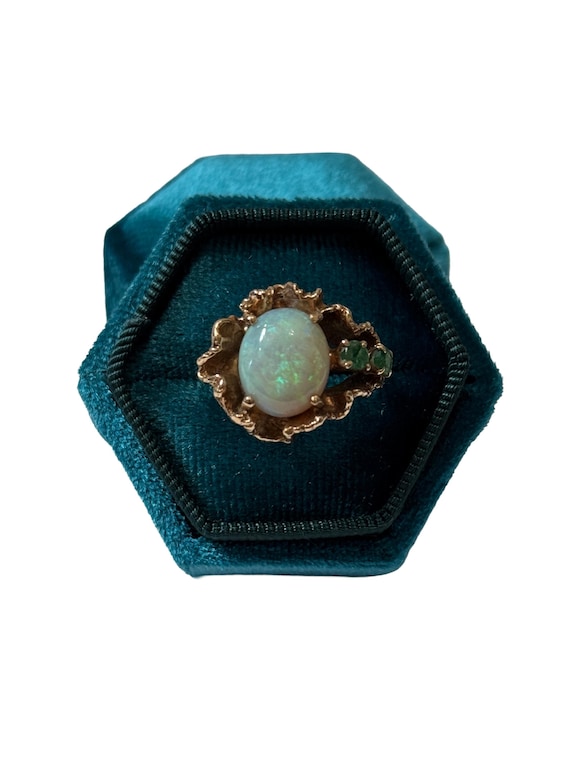 1960s Brutalist Opal & Emerald Ring - 14k Yellow … - image 1