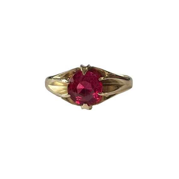 Edwardian Created Ruby Ring: 10k Yellow Gold Soli… - image 3