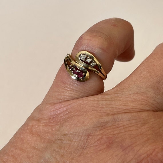 Vintage Ruby Diamond 10k Gold Bypass Ring - Retro… - image 2