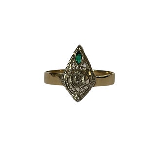 Genuine Diamond & Simulated Emerald Filigree Shield Ring -Art Deco Era - Antique 14k two tone Gold - Vintage Size 8.5 1920s Fine Jewelry