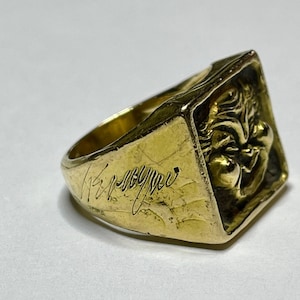 Artist Signed 14k Yellow Gold Mask Ring- Vintage Theater Comedy Tragedy -Heavy 14.49 grams of gold- Sz 6 3/4