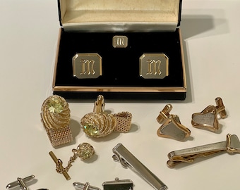 Vintage Swank Cufflink Sets: Peridot, Abalone, Initial M