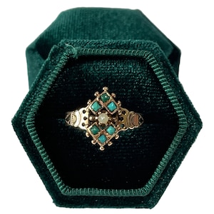Turquoise & Seed Pearl Victorian Era Ring - 14k Rosey Gold Ring Circa 1860&#39;s Era Size 7 1/2 Fine Victorian Era Jewelry