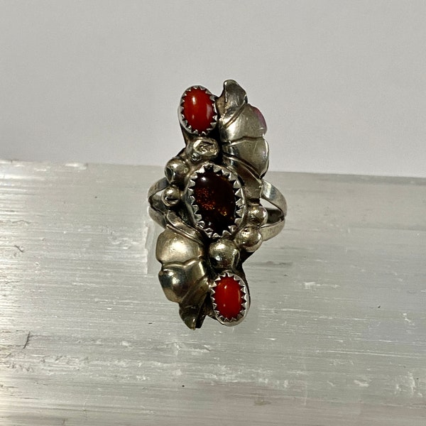Vintage Coral & fire agate Ring - Sterling Silver Statement - Size 8 Retro Southwestern flower Ring