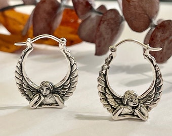 Angel Cherub with Open Wings Hoop Earrings -Solid Sterling Silver