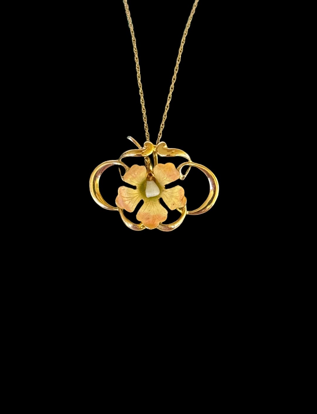 Art Nouveau Enamel Flower Pendant Necklace: 14k Gold & Dog Tooth Pearl ...