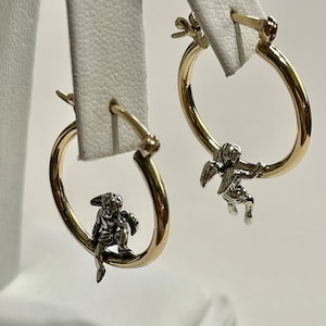 Angel Cherub *Solid* 10k Yellow Gold Mix Matched Hoop Earrings / Sterling Silver Sitting & Hanging on Angel Earrings-