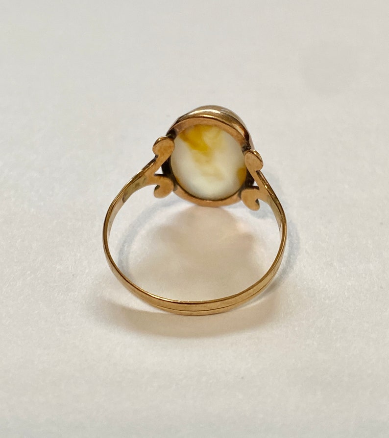 Yellow Tan Gemstone Statement Jewelry Art Deco 10k Rosy Gold Antique Size 10-1950s Agate Ring