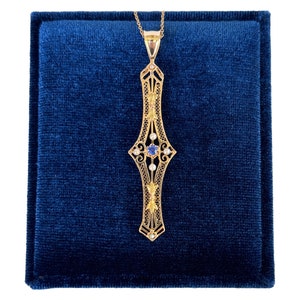 Art Deco 14k Gold Filigran Anhänger: Simulierte Saphir & Rocailles Halskette