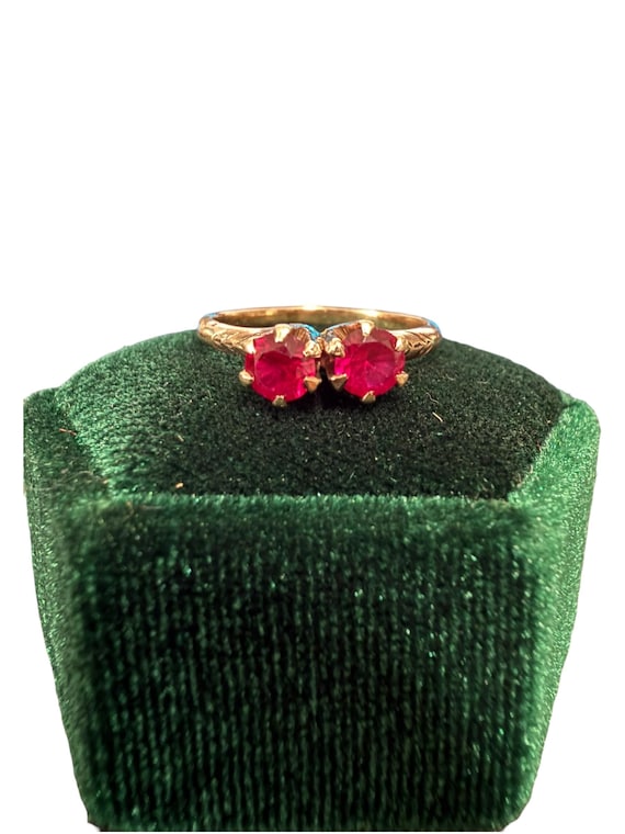 Edwardian Created Ruby Ring: 10k Yellow Round Dou… - image 7