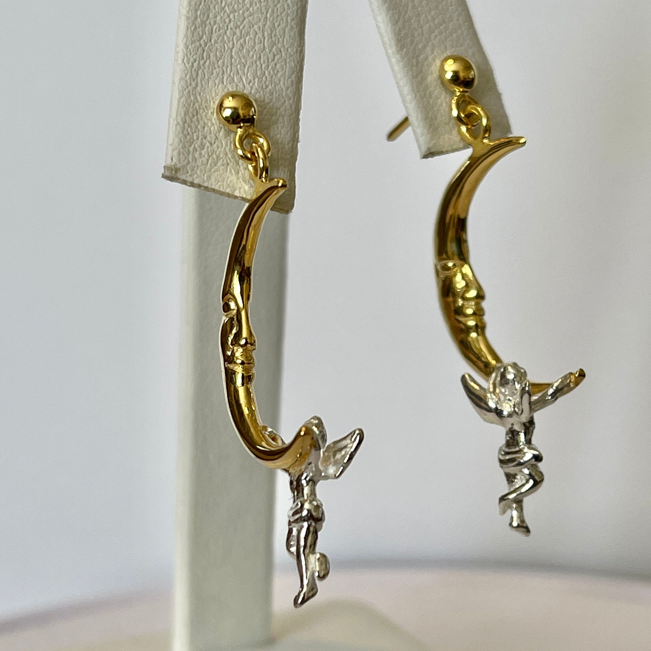 Pendientes Colgantes Luna Con Hada - Plata De Ley 925, Regalo Mujer, Sin Piedra